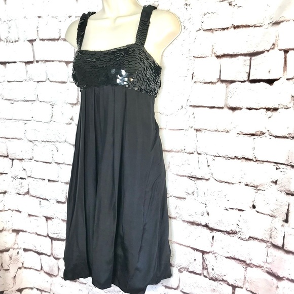 HANNAH JO Bubble Hem Silk Dress L Black Sequin Top Babydoll Size Large - Picture 3 of 15